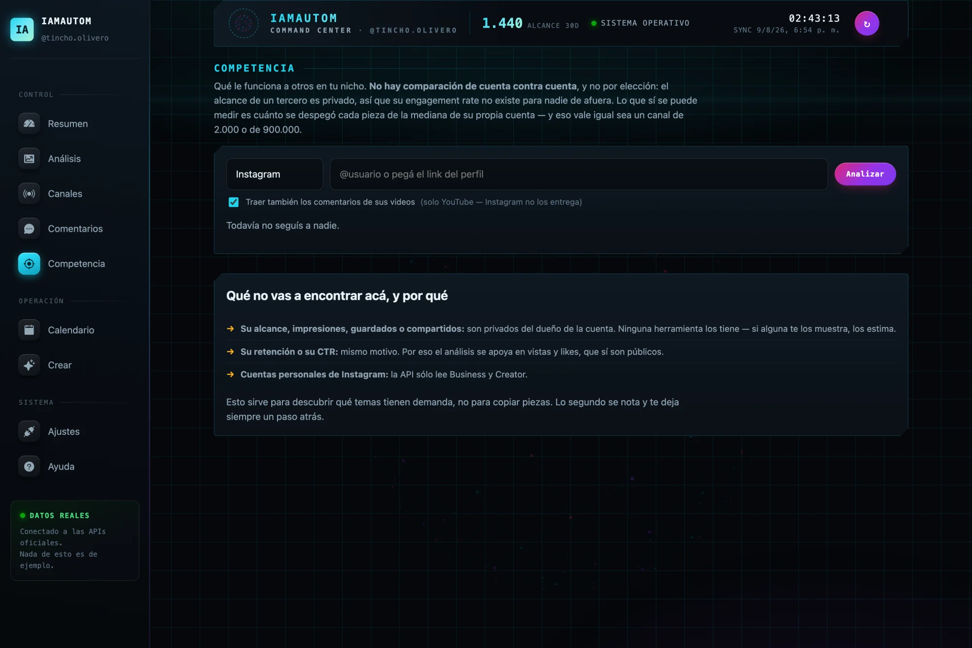 Buscador de cuentas de la competencia con sus números al lado de los propios